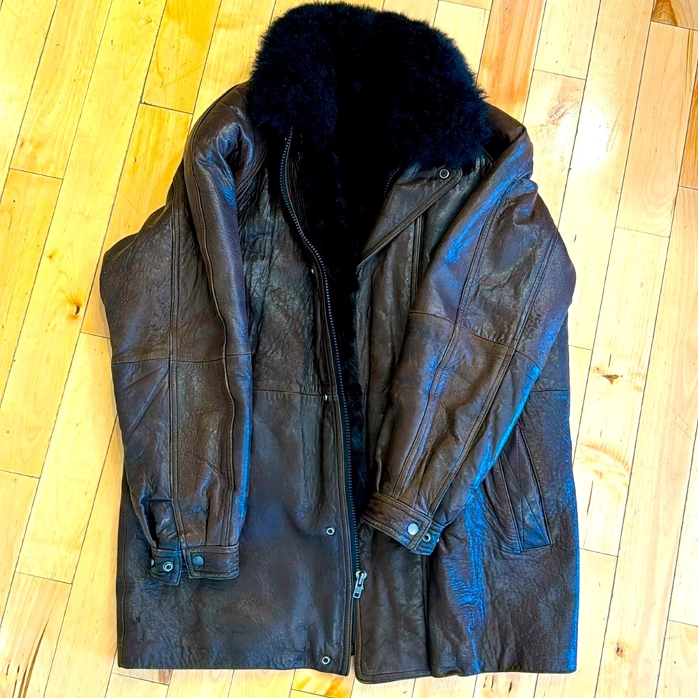 Men's Wm MITCHELL Brown Full Zip Leather Jacket with Opossum fur trim Size M
